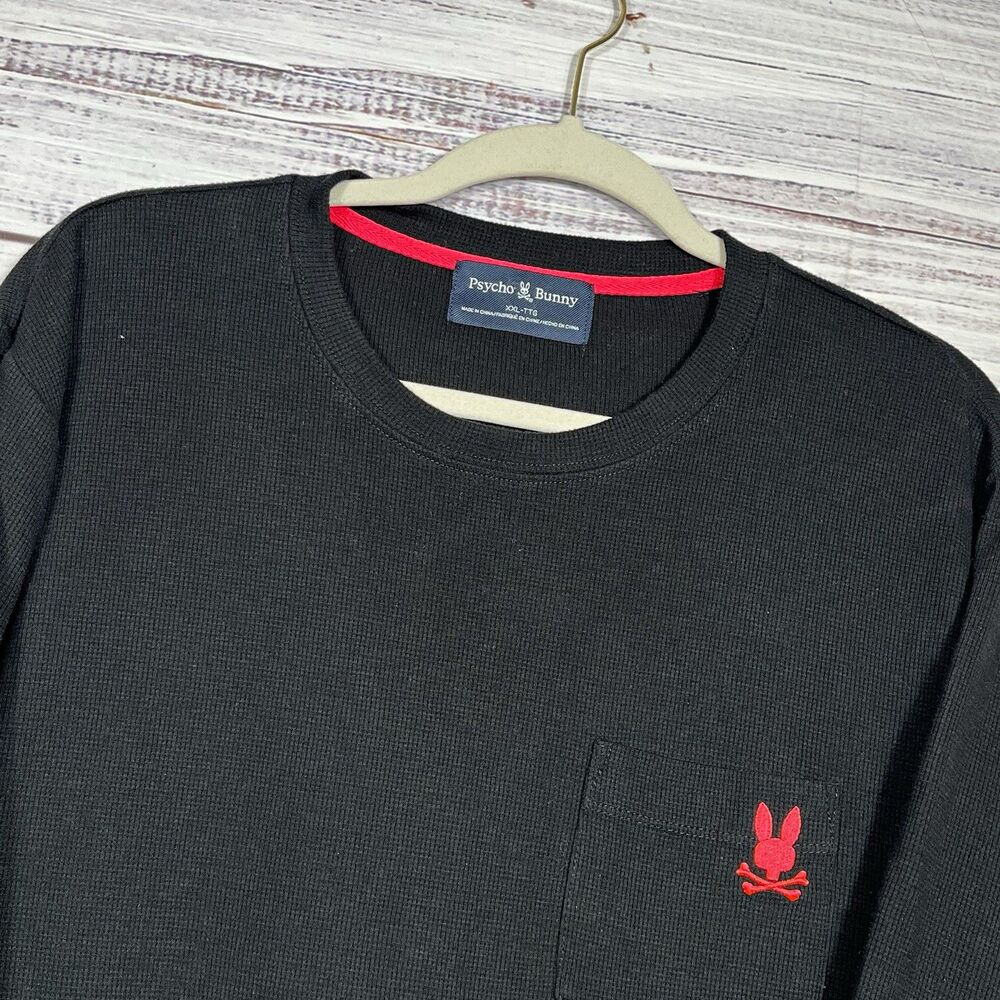 Psycho Bunny Waffle Knit Long Sleeve Pocket T-Shirt Men's 2XL Black Logo